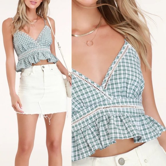 NEW Lulus Sage Green Gingham Plaid Ruffle Crop Top - Picture 5 of 9